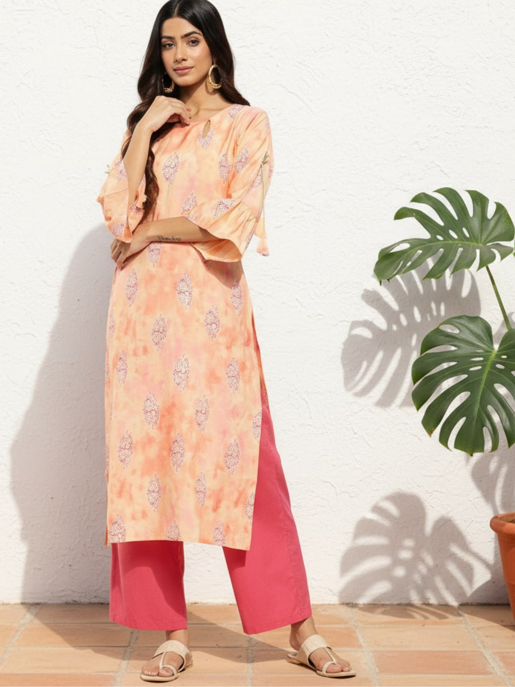 Gerua Peach Printed Silk Straight Kurta