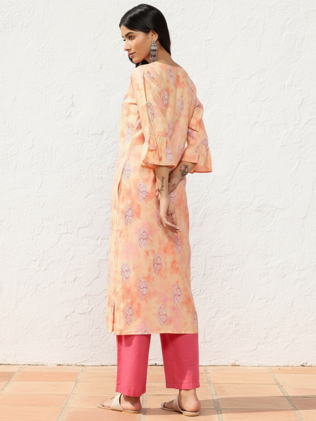 Gerua Peach Printed Silk Straight Kurta