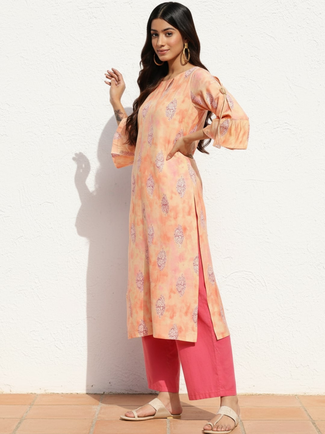 Gerua Peach Printed Silk Straight Kurta