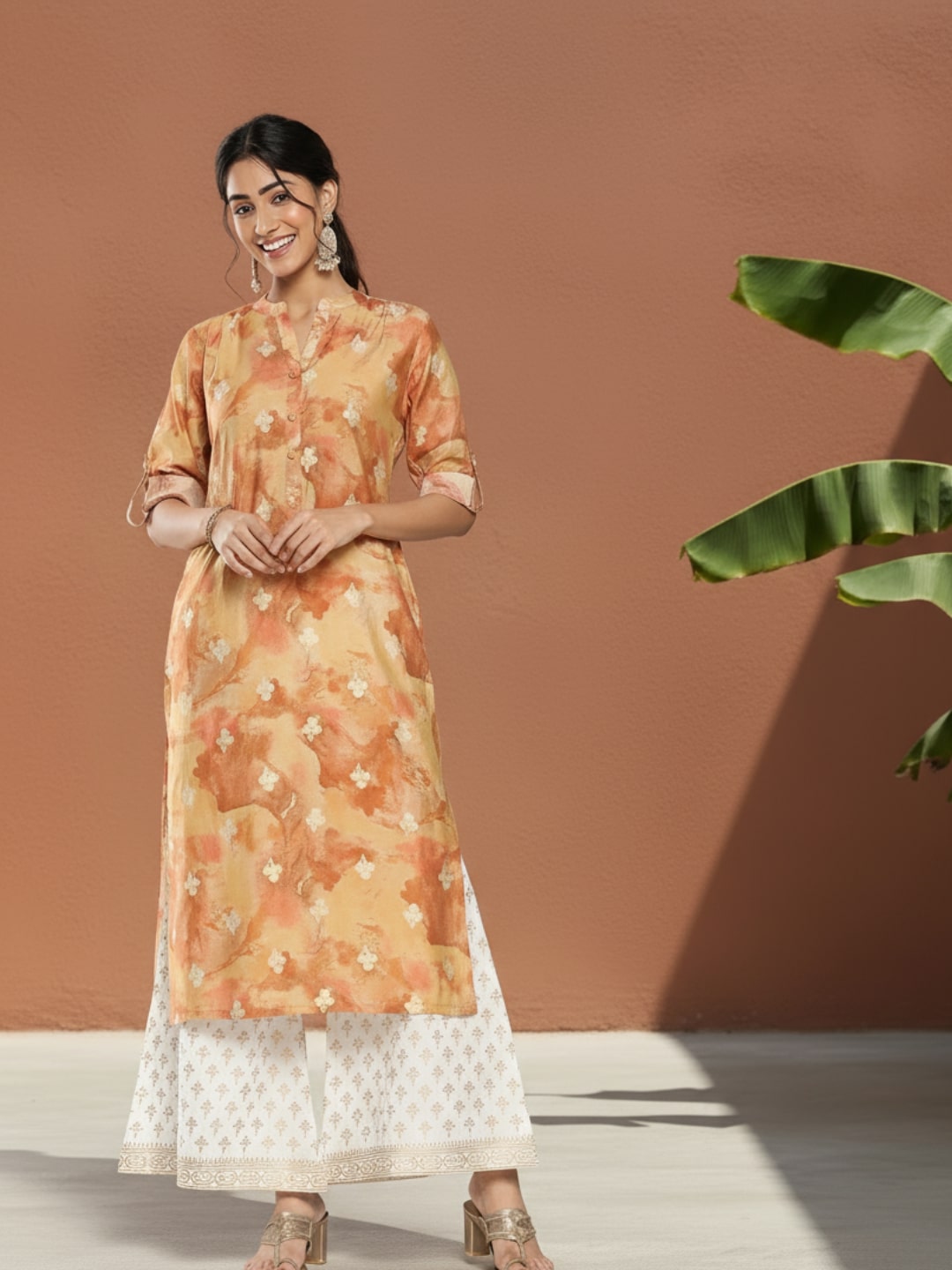 Gerua Brown Printed Silk Straight Kurta