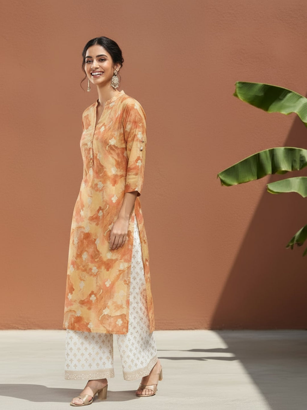 Gerua Brown Printed Silk Straight Kurta