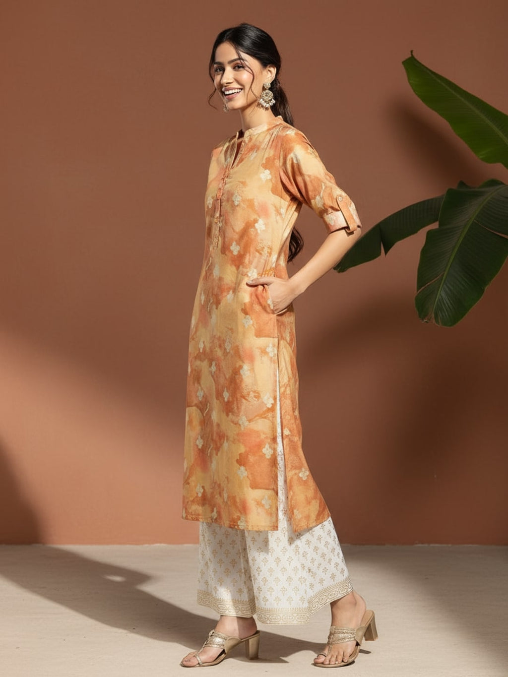 Gerua Brown Printed Silk Straight Kurta
