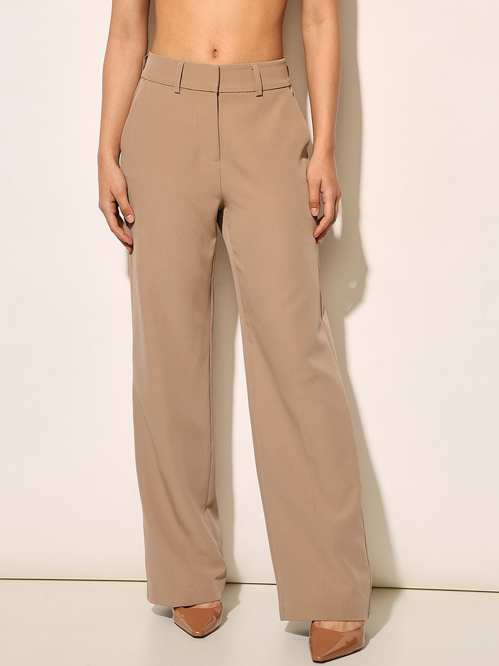 Beige Straight Fit Tailored Pants