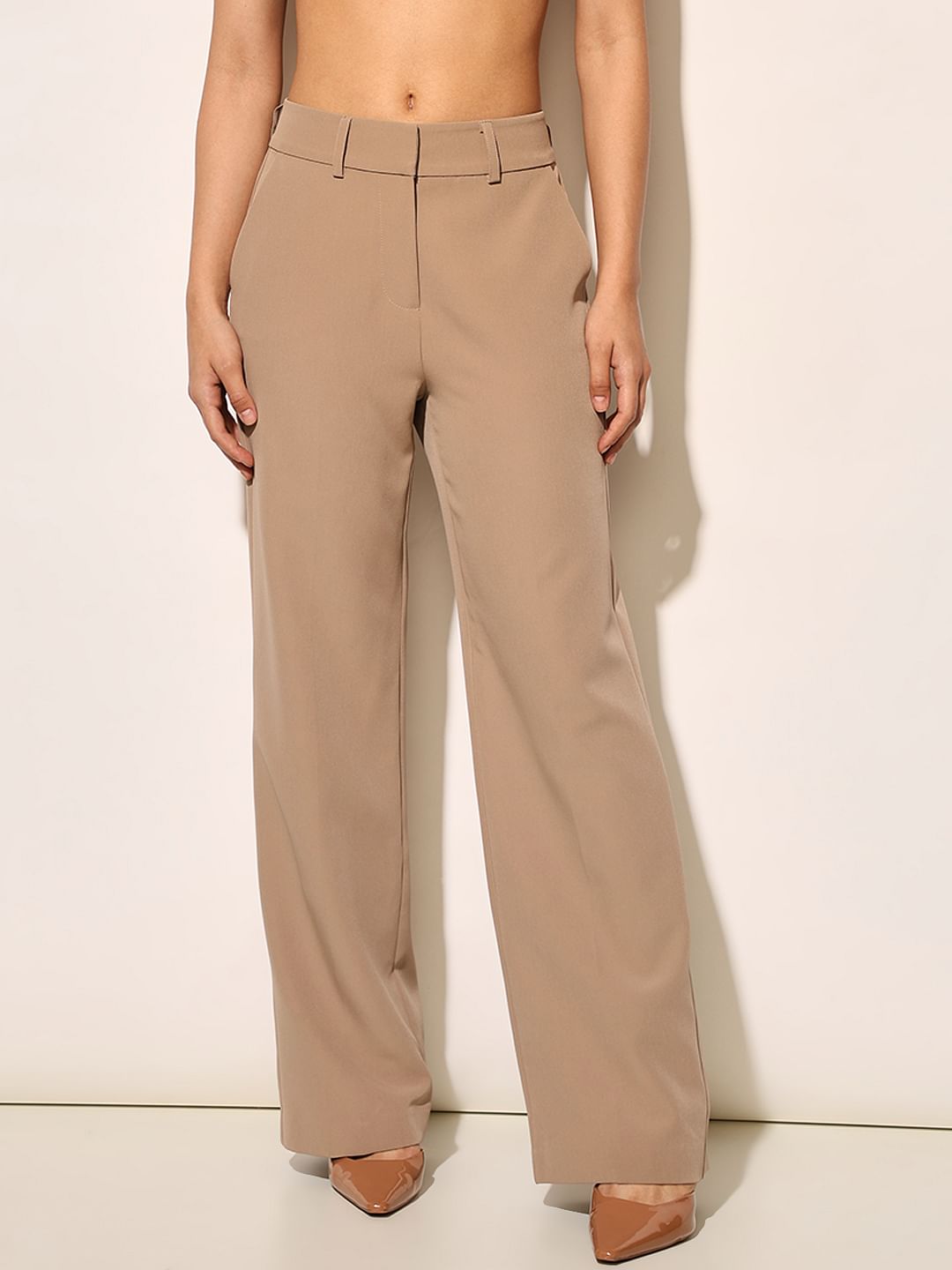 Beige Straight Fit Tailored Pants