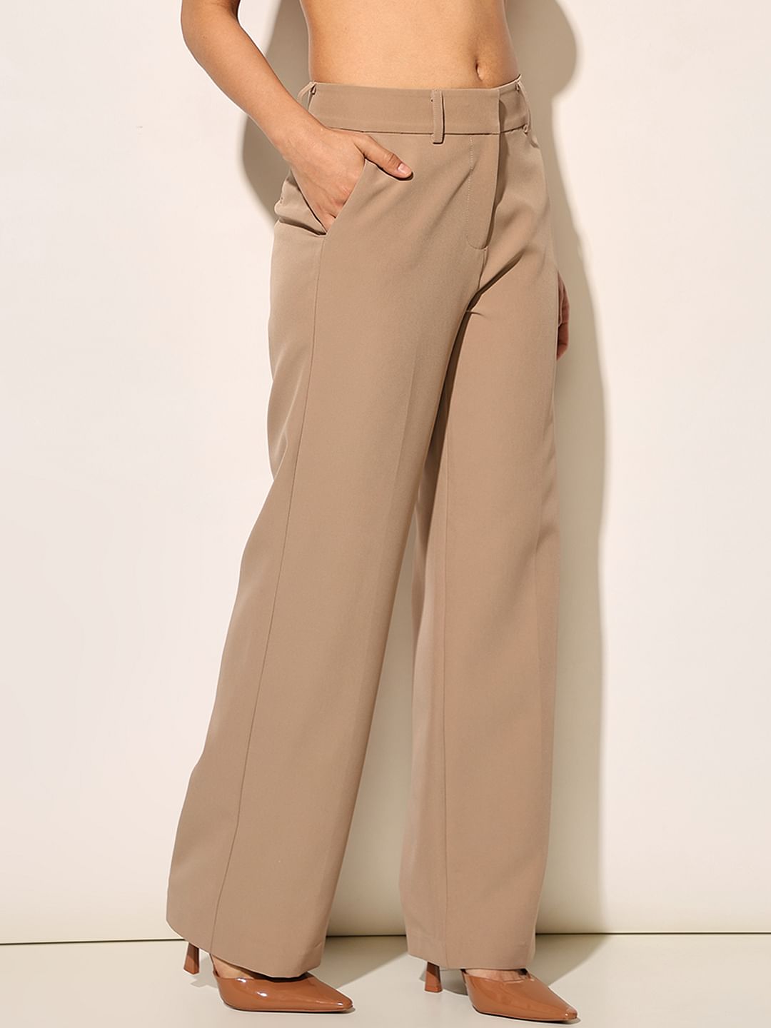 Beige Straight Fit Tailored Pants