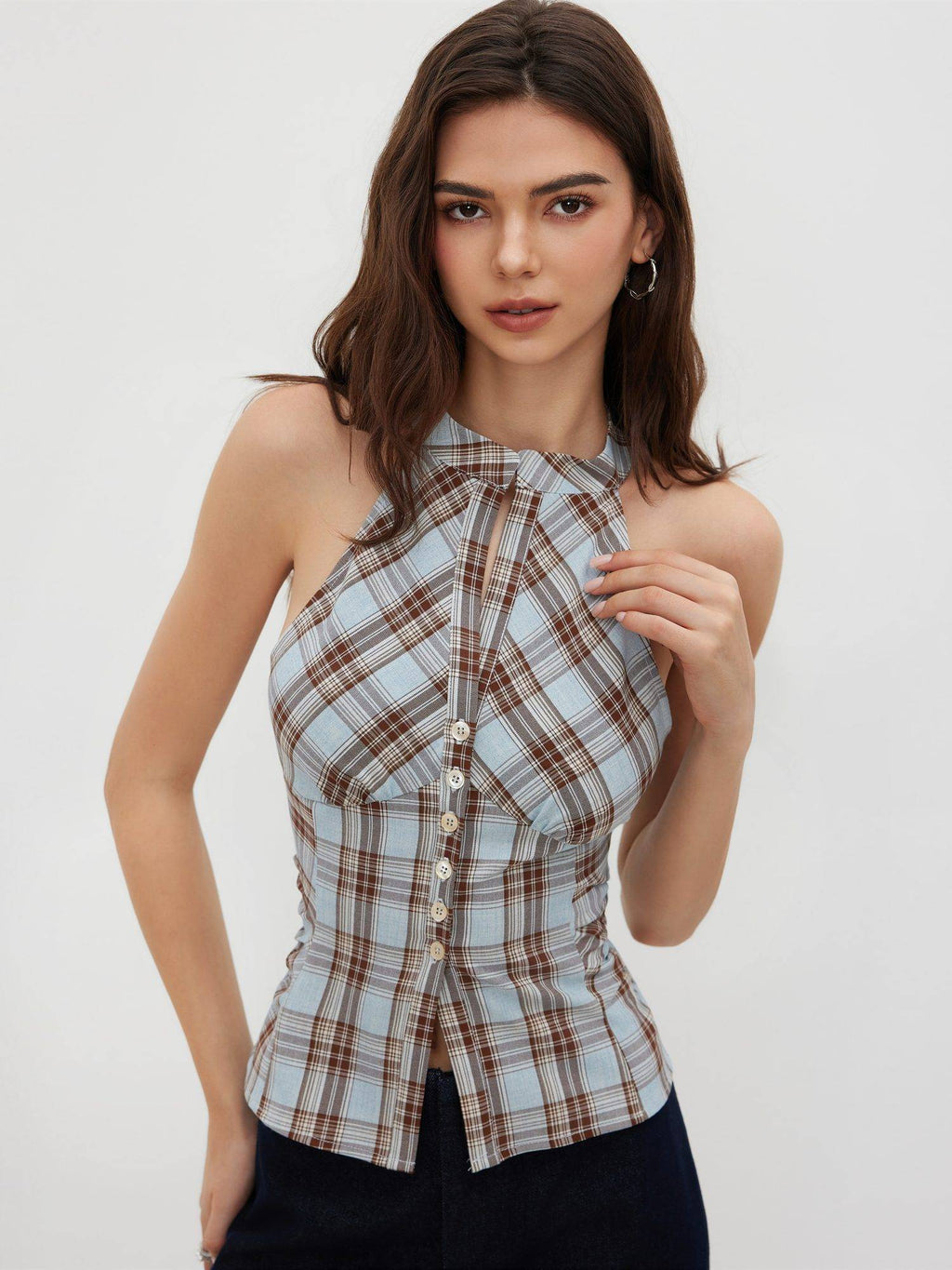 Plaid Women's Ruched Split Halter Neck Top Light Blue | HT67 - view 1