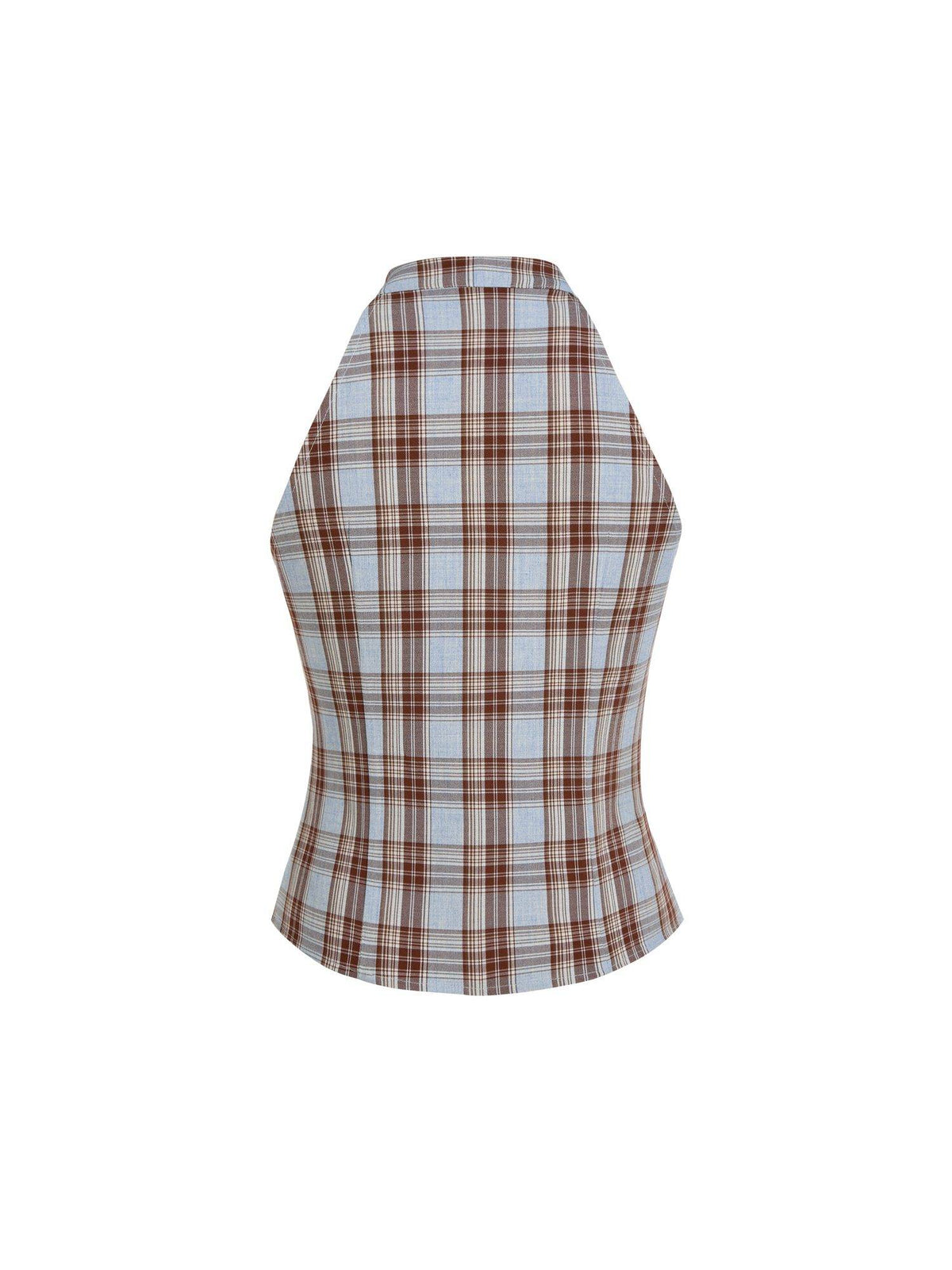 Plaid Women's Ruched Split Halter Neck Top Light Blue | HT67 - view 11