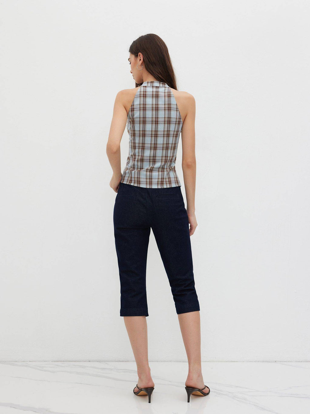 Plaid Women's Ruched Split Halter Neck Top Light Blue | HT67 - view 2
