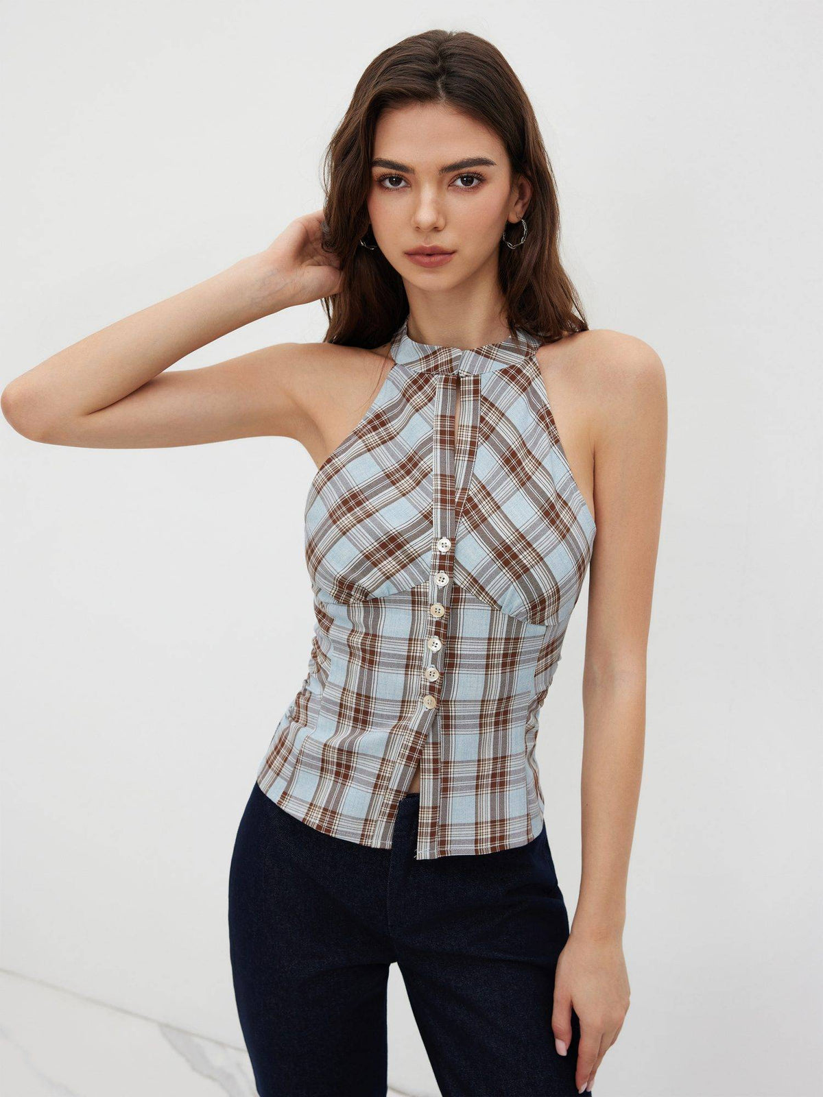 Plaid Women's Ruched Split Halter Neck Top Light Blue | HT67 - view 4