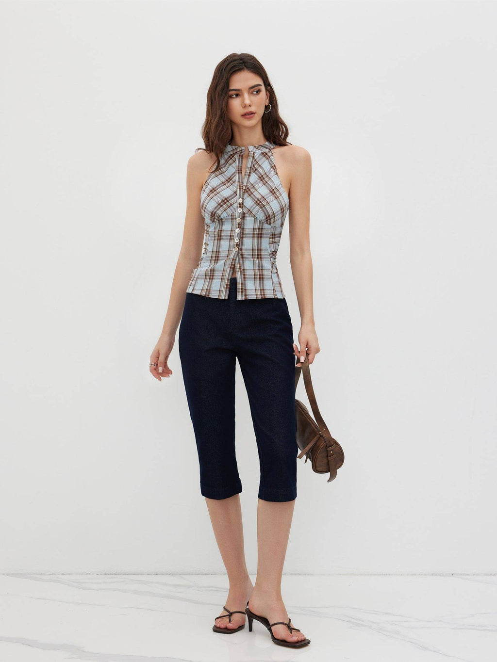 Plaid Women's Ruched Split Halter Neck Top Light Blue | HT67 - view 5