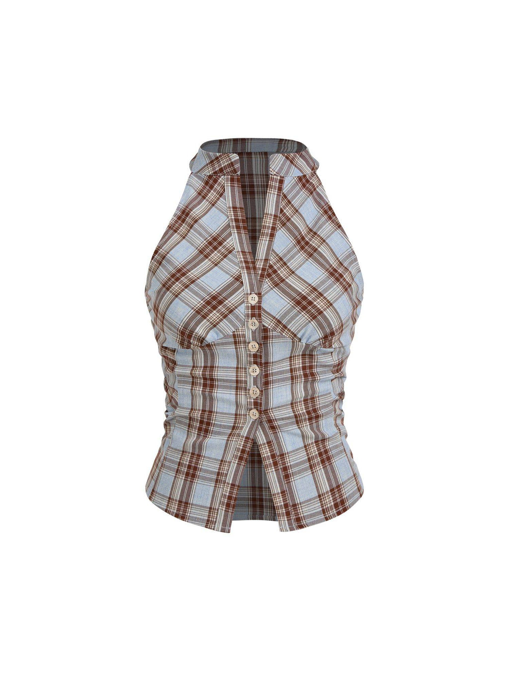 Plaid Women's Ruched Split Halter Neck Top Light Blue | HT67 - view 6