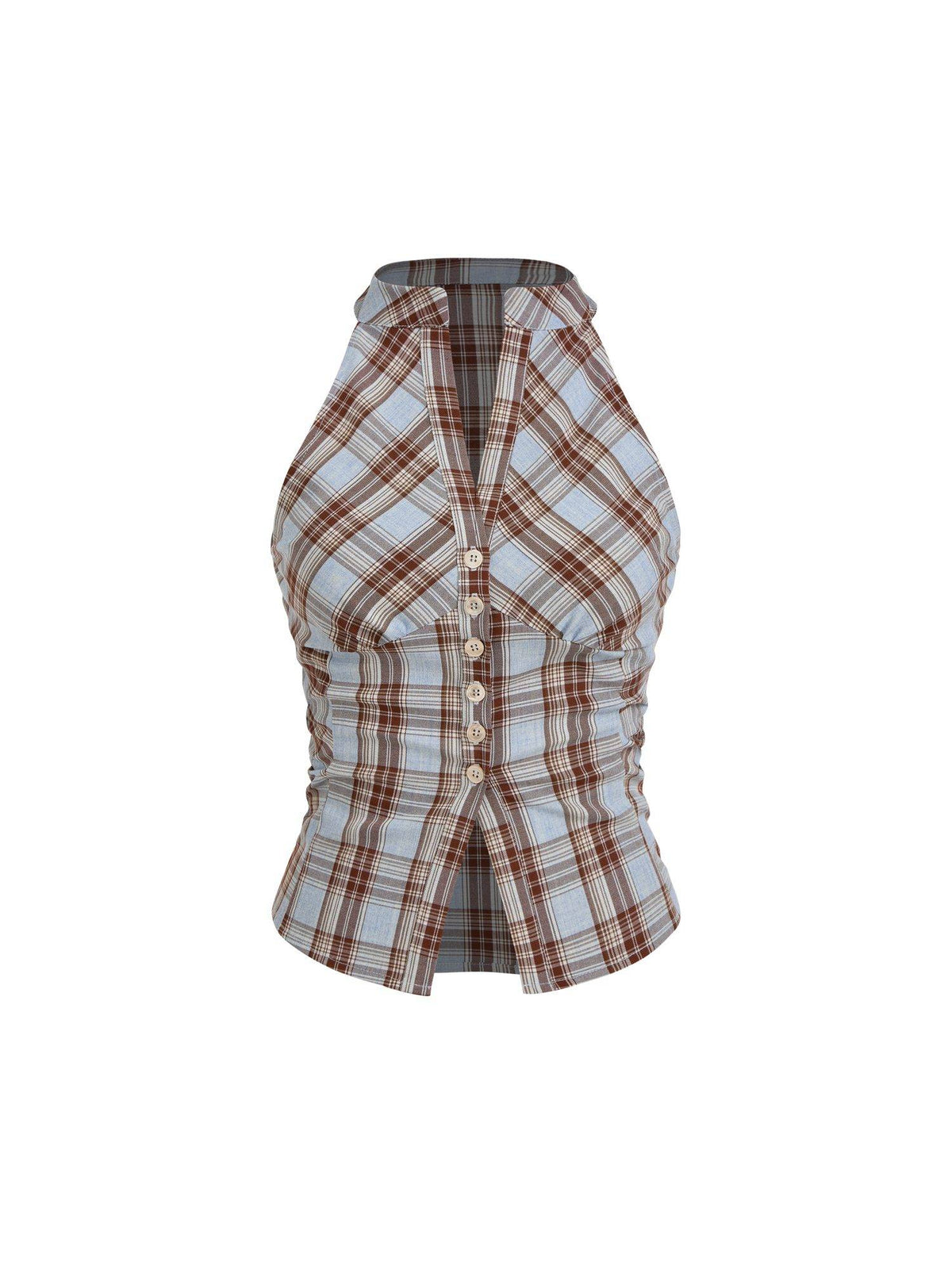 Plaid Women's Ruched Split Halter Neck Top Light Blue | HT67 - view 6