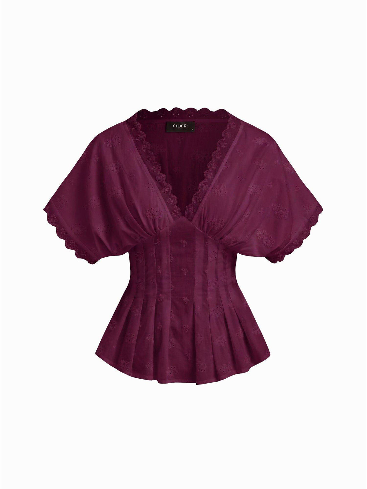 Broderie Anglaise Women's V-Neck Pleated Shirred Blouse Wine | S67 - view 1