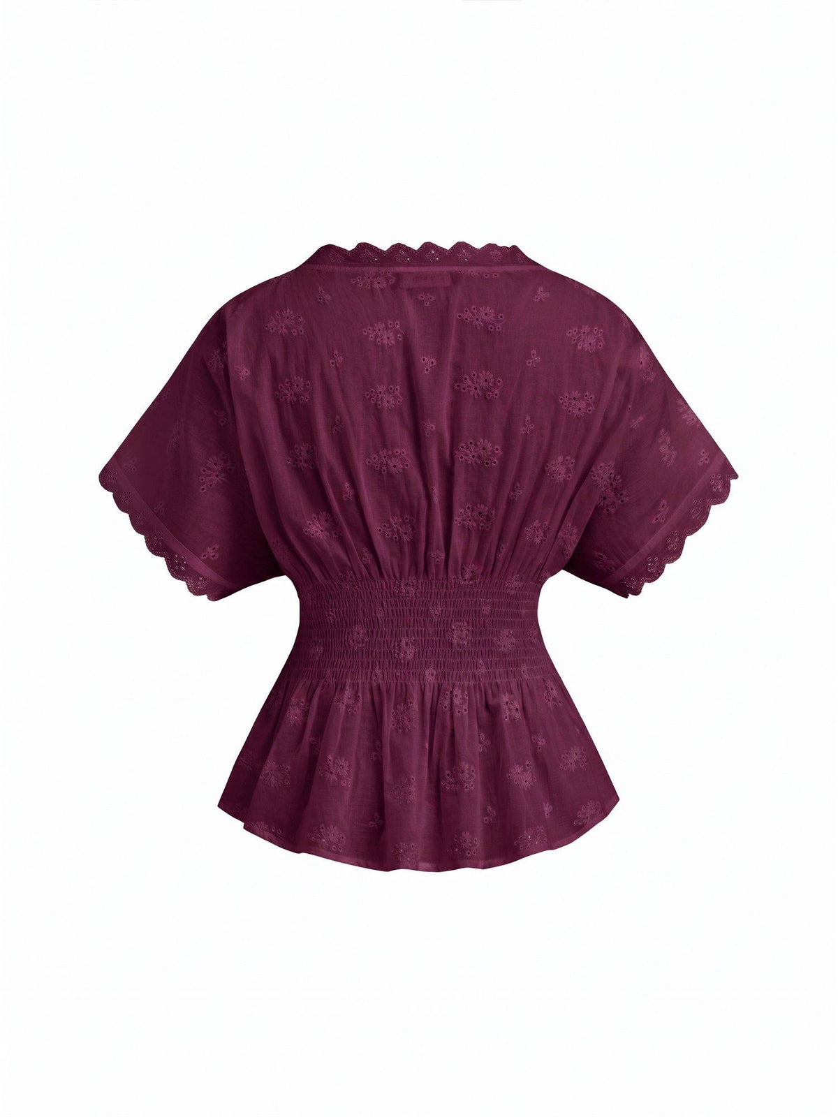 Broderie Anglaise Women's V-Neck Pleated Shirred Blouse Wine | S67 - view 2