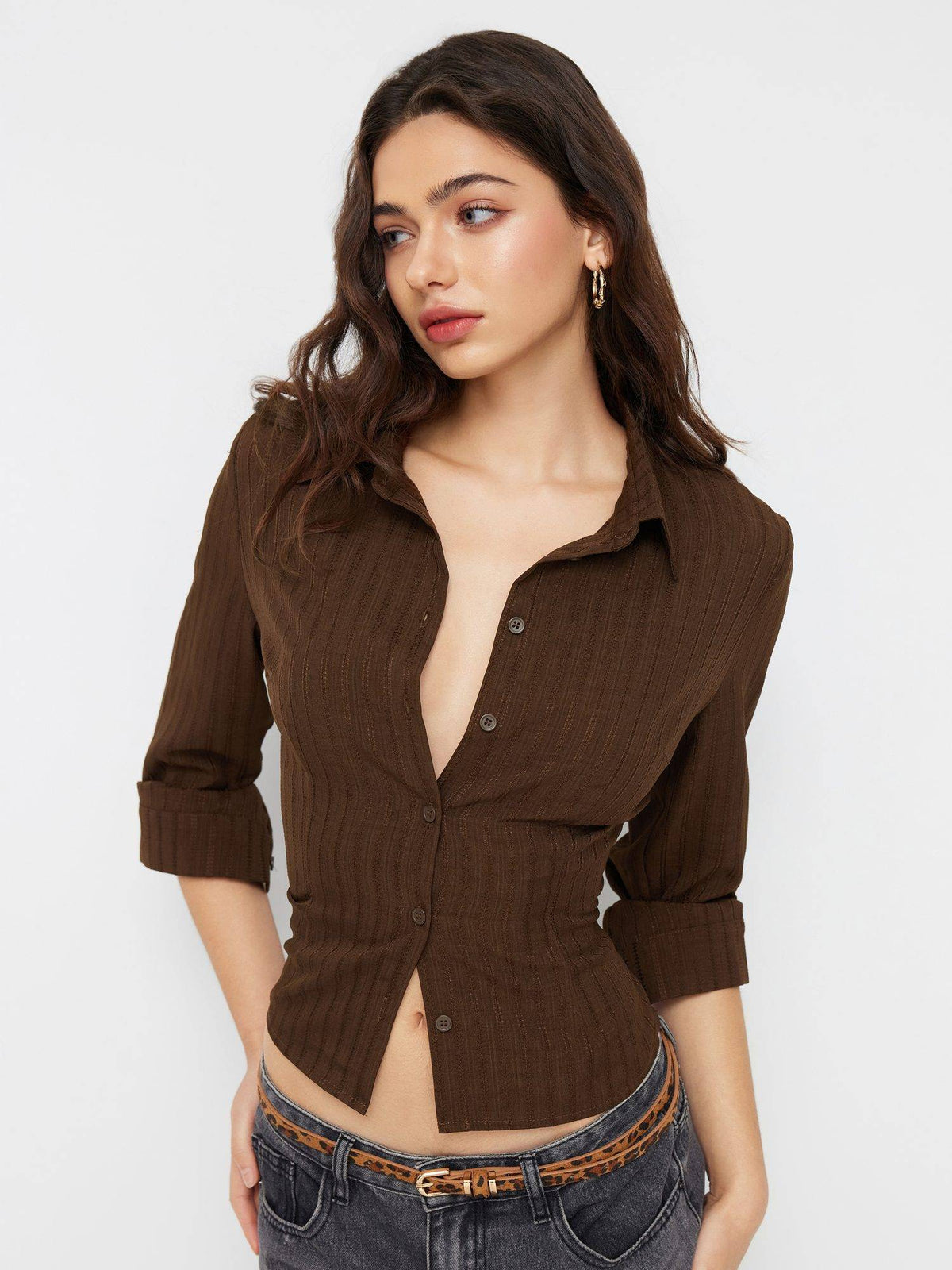Textured Women's Regular Fit Collar Button-Down Shirt Wine | S67 - view 9