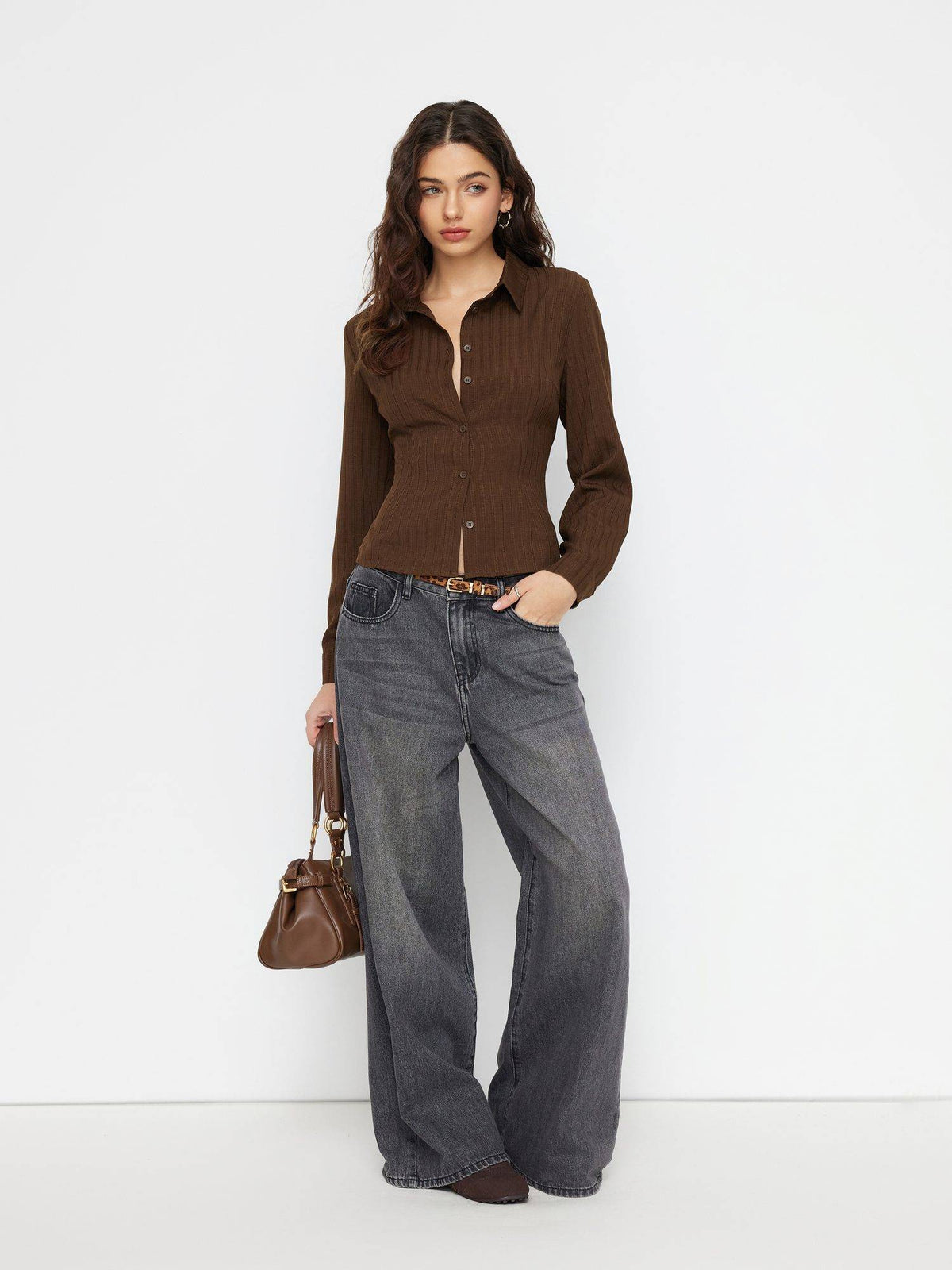 Textured Women's Regular Fit Collar Button-Down Shirt Wine | S67 - view 12