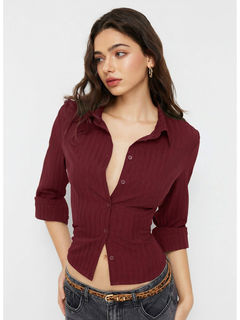 Textured Women's Regular Fit Collar Button-Down Shirt Wine | S67 - view 1