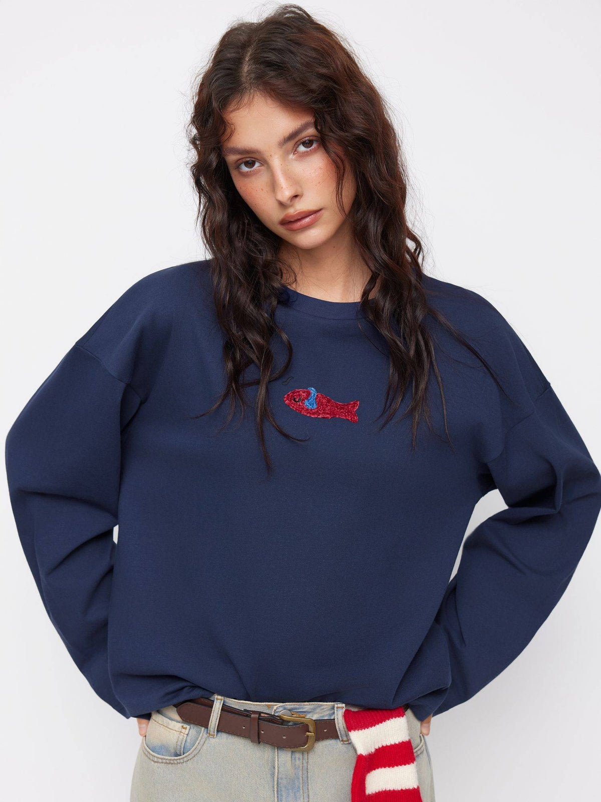 Cotton Blend Women's Fish Embroidery Round Neck Oversized T-Shirt Navy Blue | TS56 - view 1