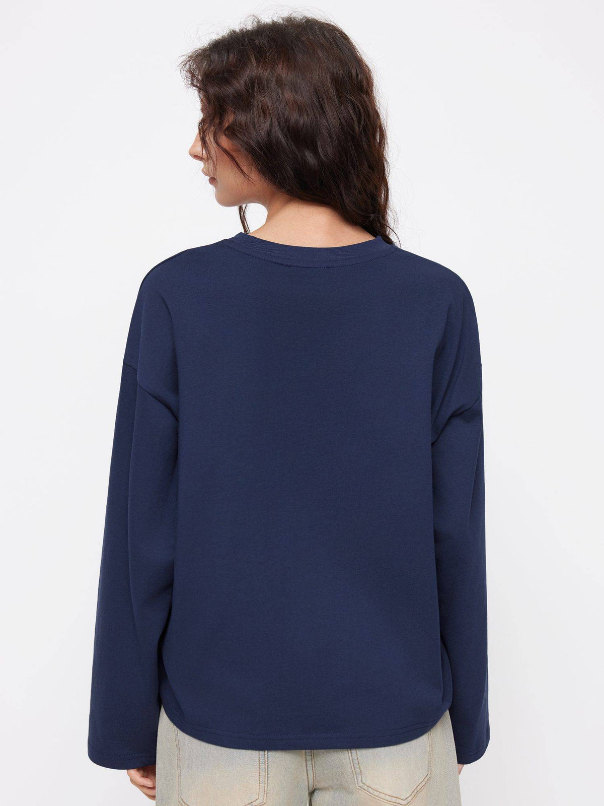 Cotton Blend Women's Fish Embroidery Round Neck Oversized T-Shirt Navy Blue | TS56 - view 2