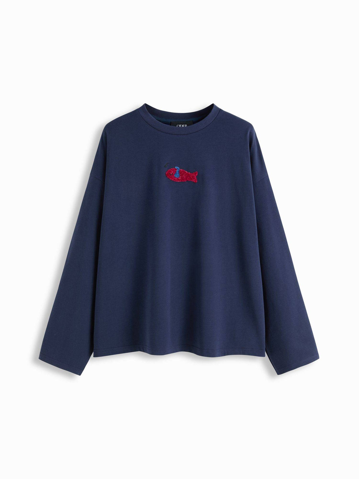 Cotton Blend Women's Fish Embroidery Round Neck Oversized T-Shirt Navy Blue | TS56 - view 5
