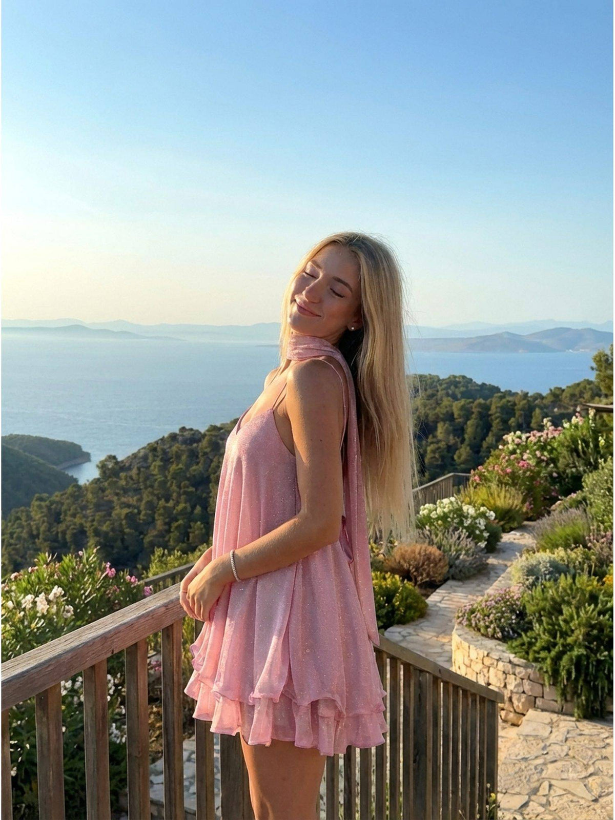 Sequin Women's V-Neck Halter Ruffled Hem Mini Dress Pink | CI9 - view 2