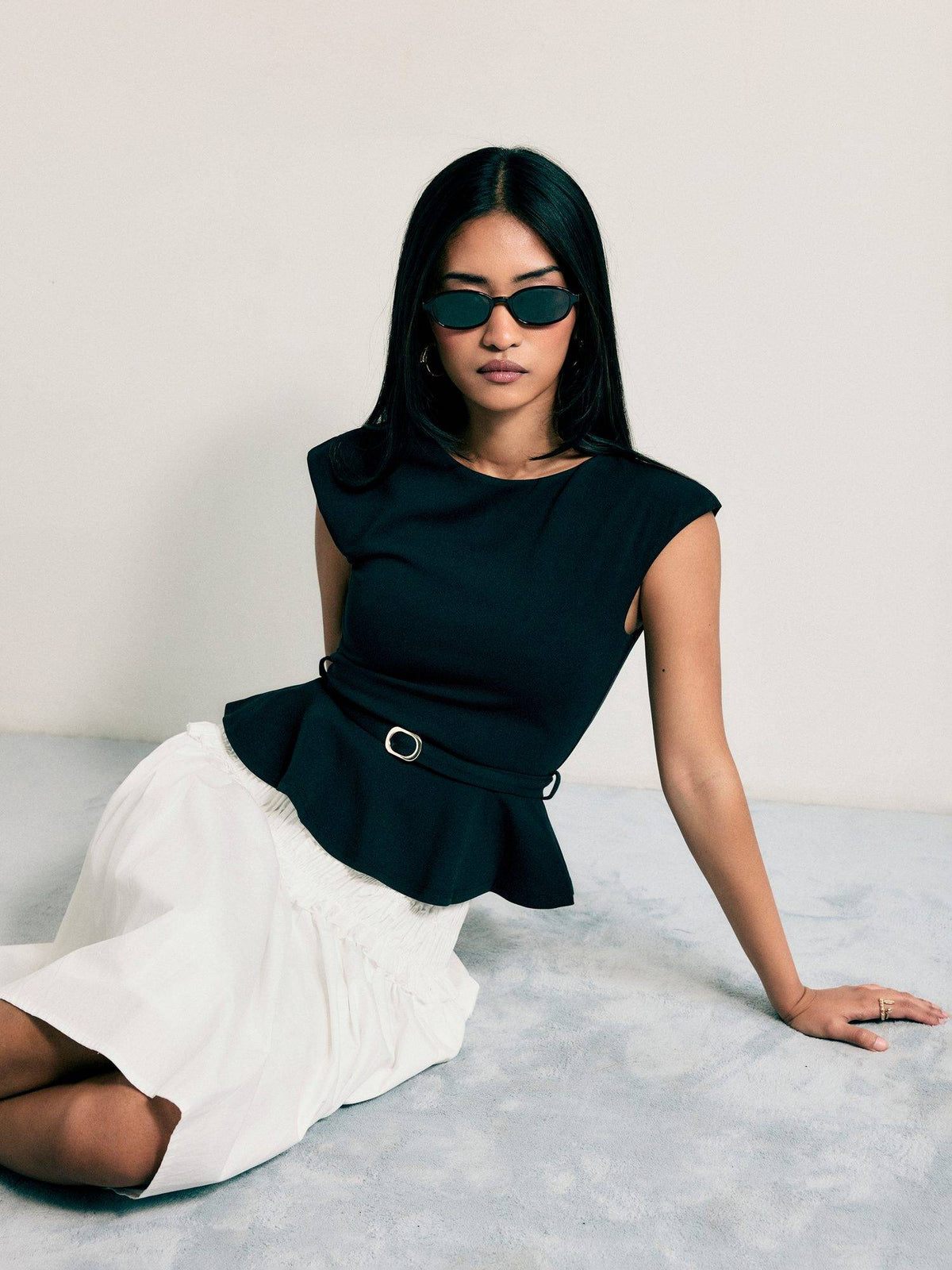 Belted Women's Boat Neck Ruffle Hem Peplum Top Black | pt51 - view 1