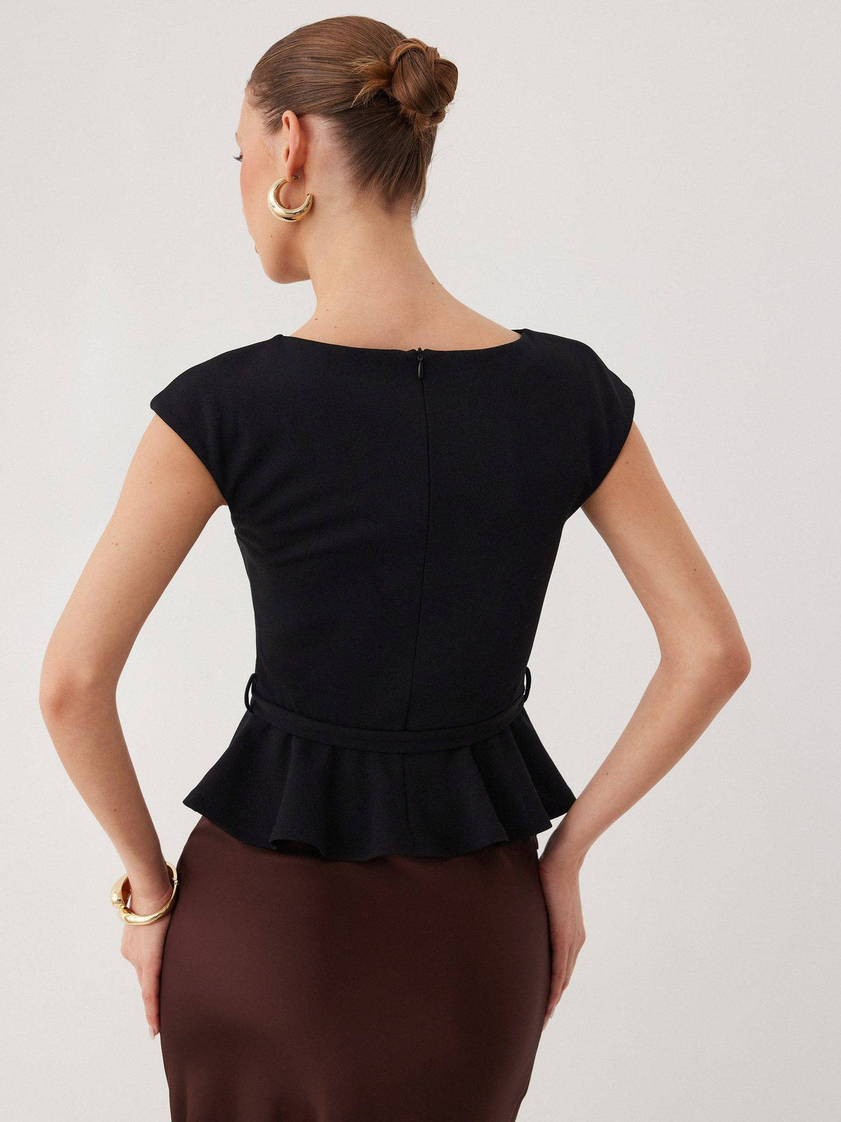 Belted Women's Boat Neck Ruffle Hem Peplum Top Black | pt51 - view 2