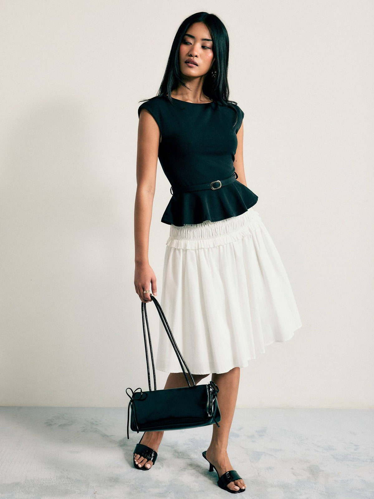 Belted Women's Boat Neck Ruffle Hem Peplum Top Black | pt51 - view 4