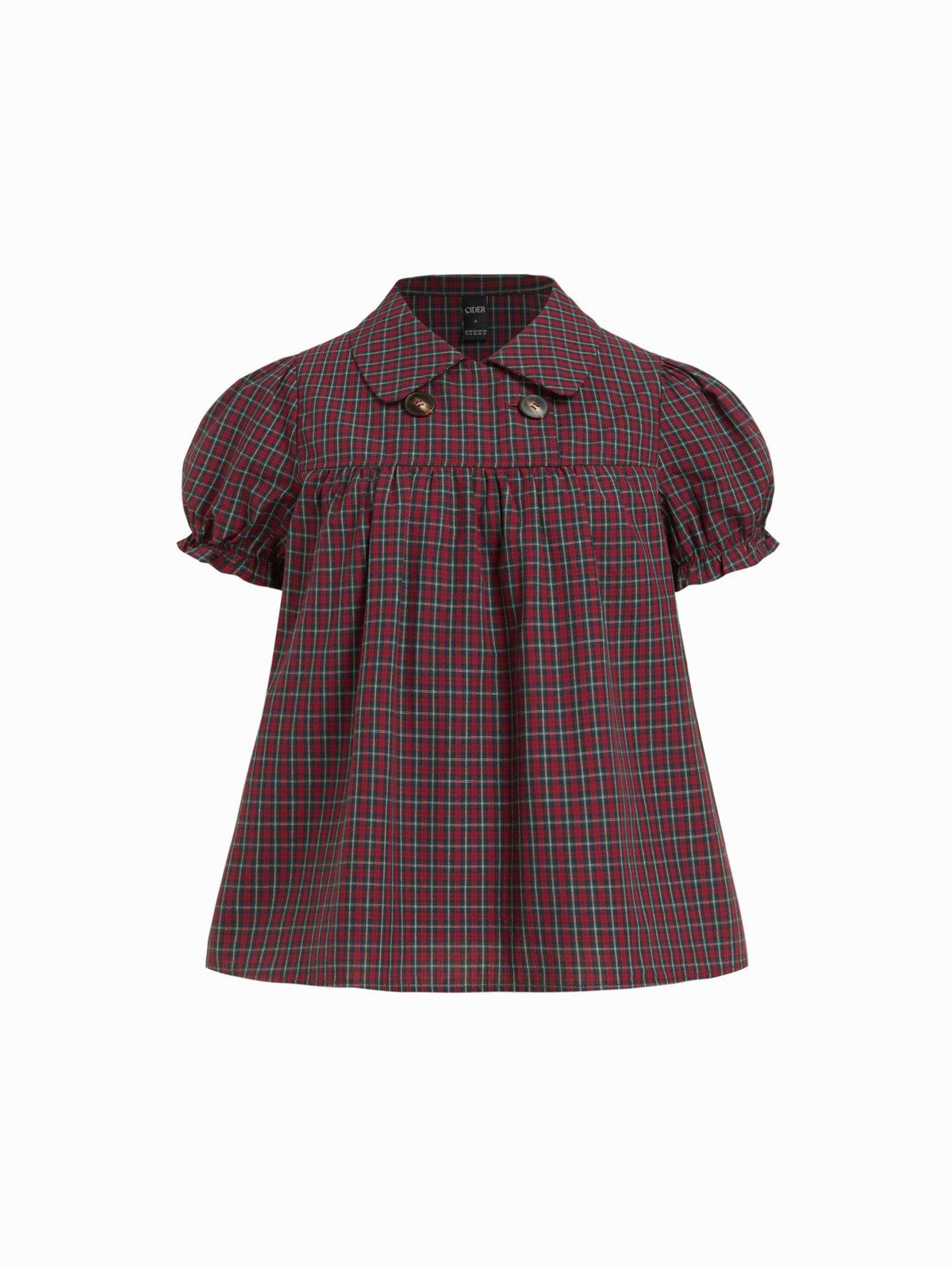 Cotton Blend Women's Plaid Puff Sleeve Oversized Blouse Wine | S67 - view 1