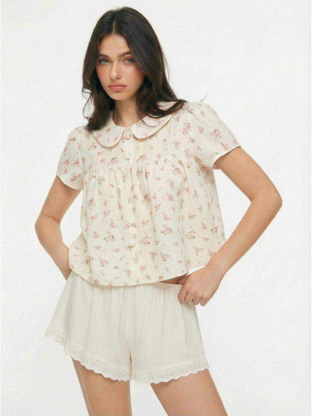 Floral Women's Peter Pan Collar Short Sleeve Blouse Cream | S67 - view 1