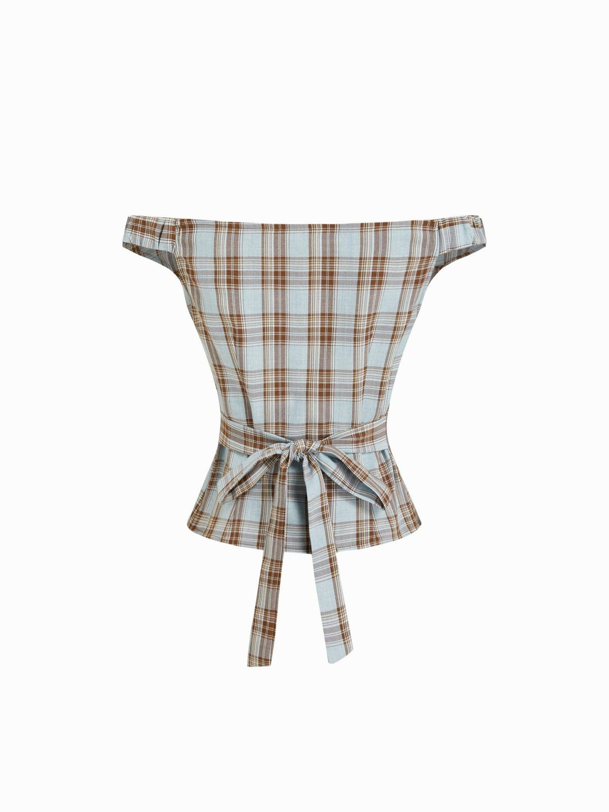 Plaid Women's Asymmetrical Neck Ruched Blouse Blue | S67 - view 2