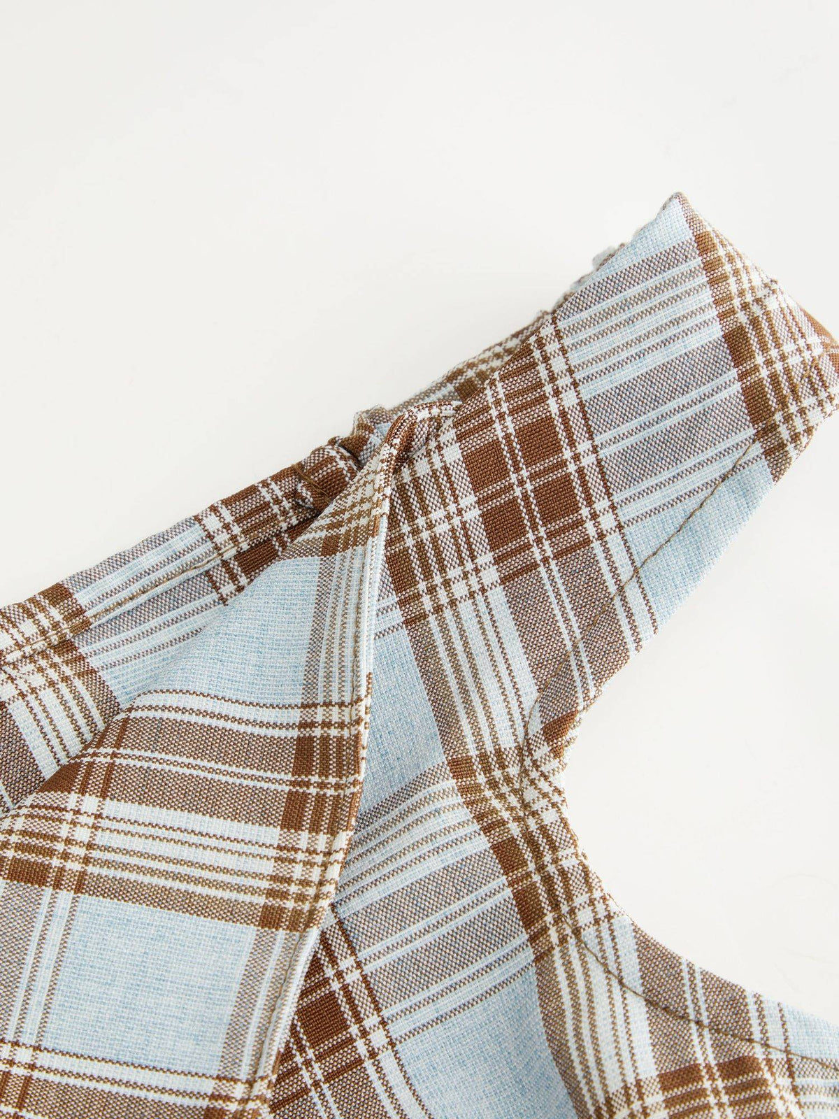 Plaid Women's Asymmetrical Neck Ruched Blouse Blue | S67 - view 5