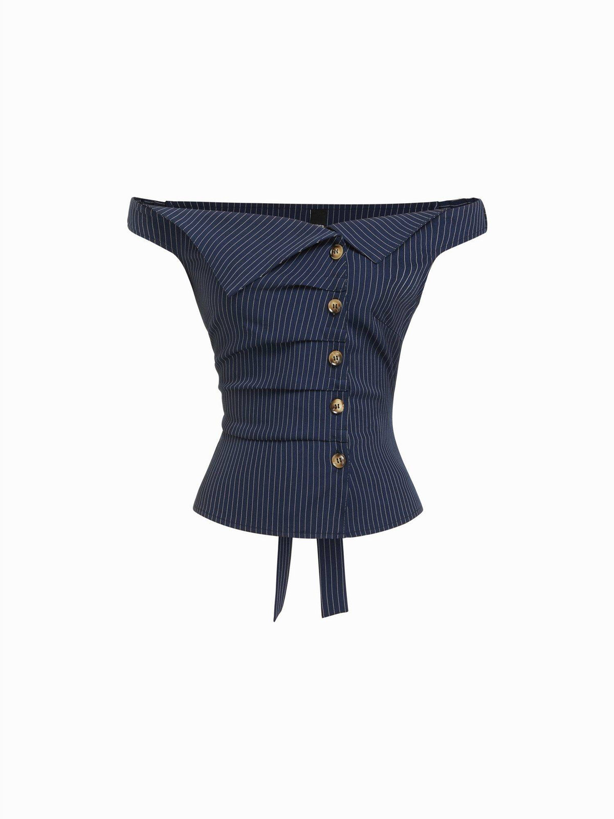 Asymmetrical Neck Women's Ruched Button-Down Blouse Navy Blue | S67 - view 1