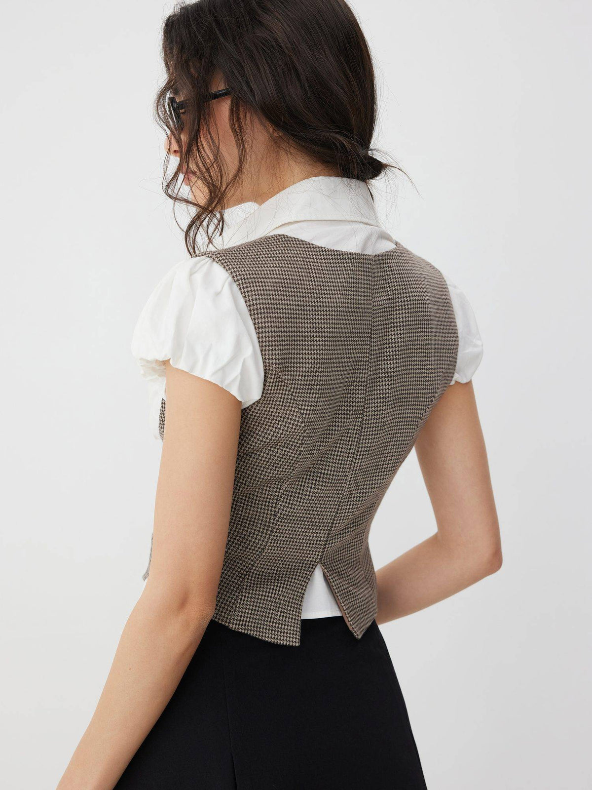 Jacquard Houndstooth Women’s Square Neck Slim Crop Top Brown | CT61 - view 2