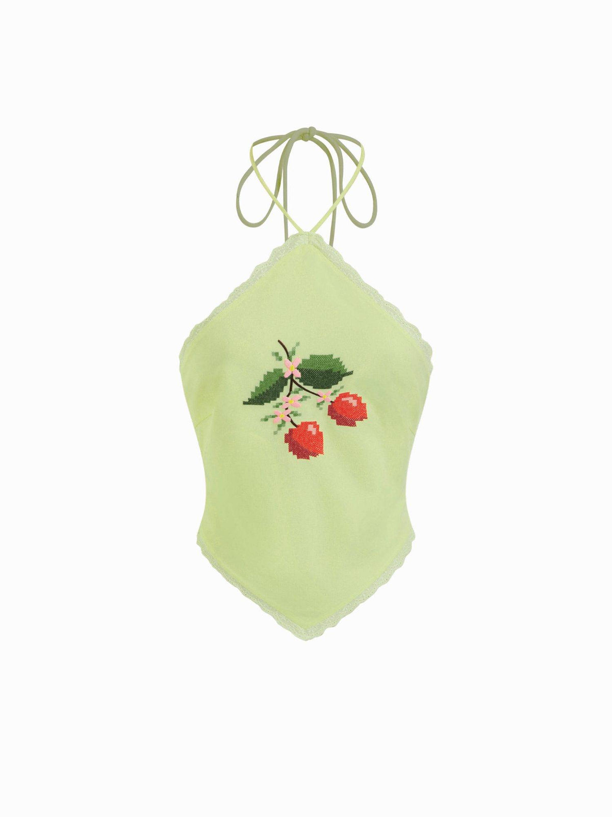 Linen Blend Women Cherry Embroidered Halter Neck Top Pale Green | HT67 - view 1