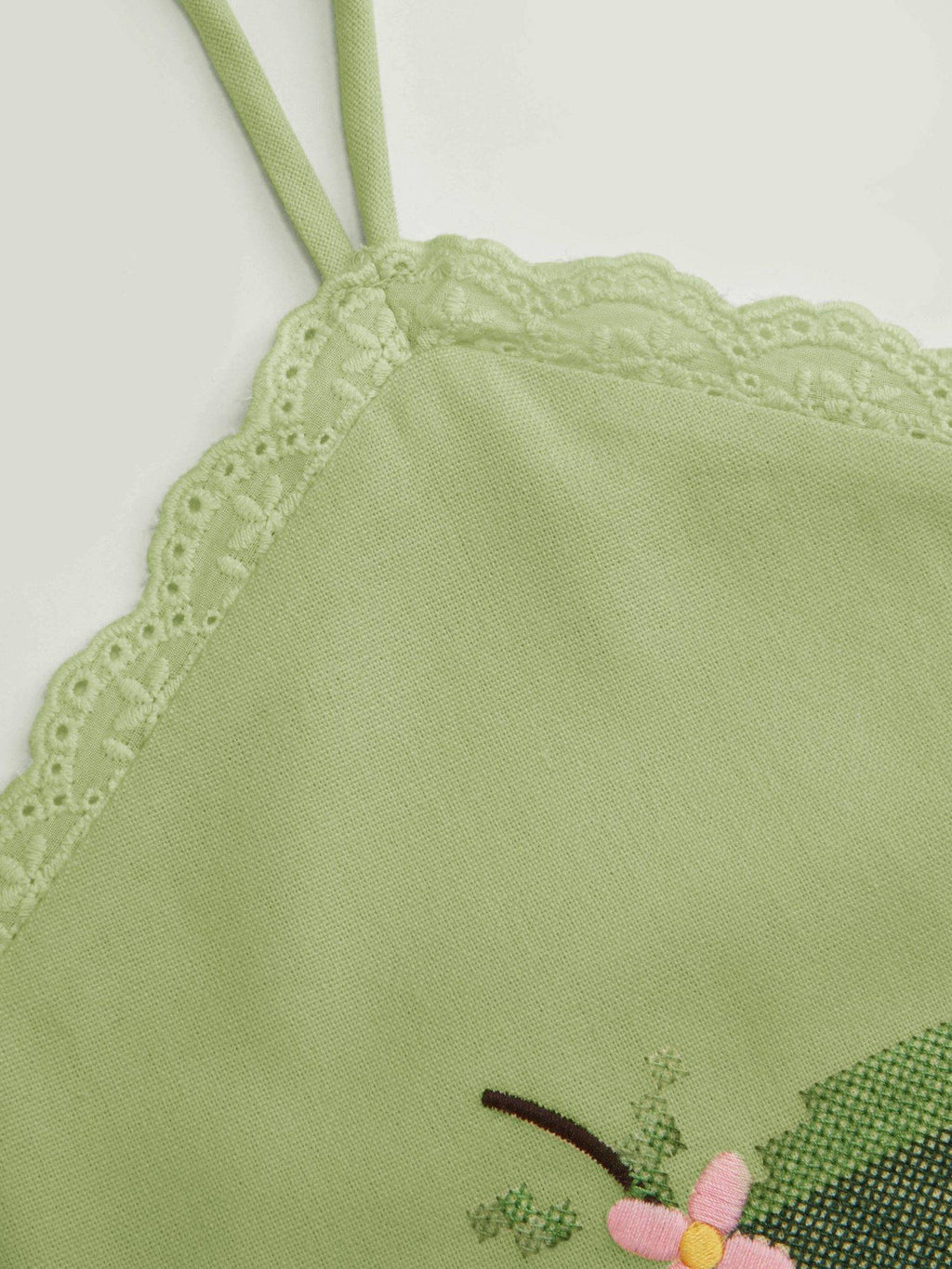 Linen Blend Women Cherry Embroidered Halter Neck Top Pale Green | HT67 - view 4