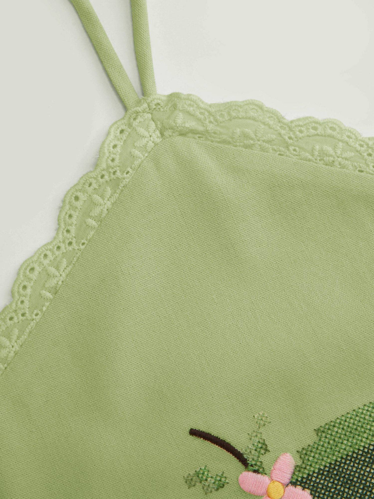 Linen Blend Women Cherry Embroidered Halter Neck Top Pale Green | HT67 - view 4