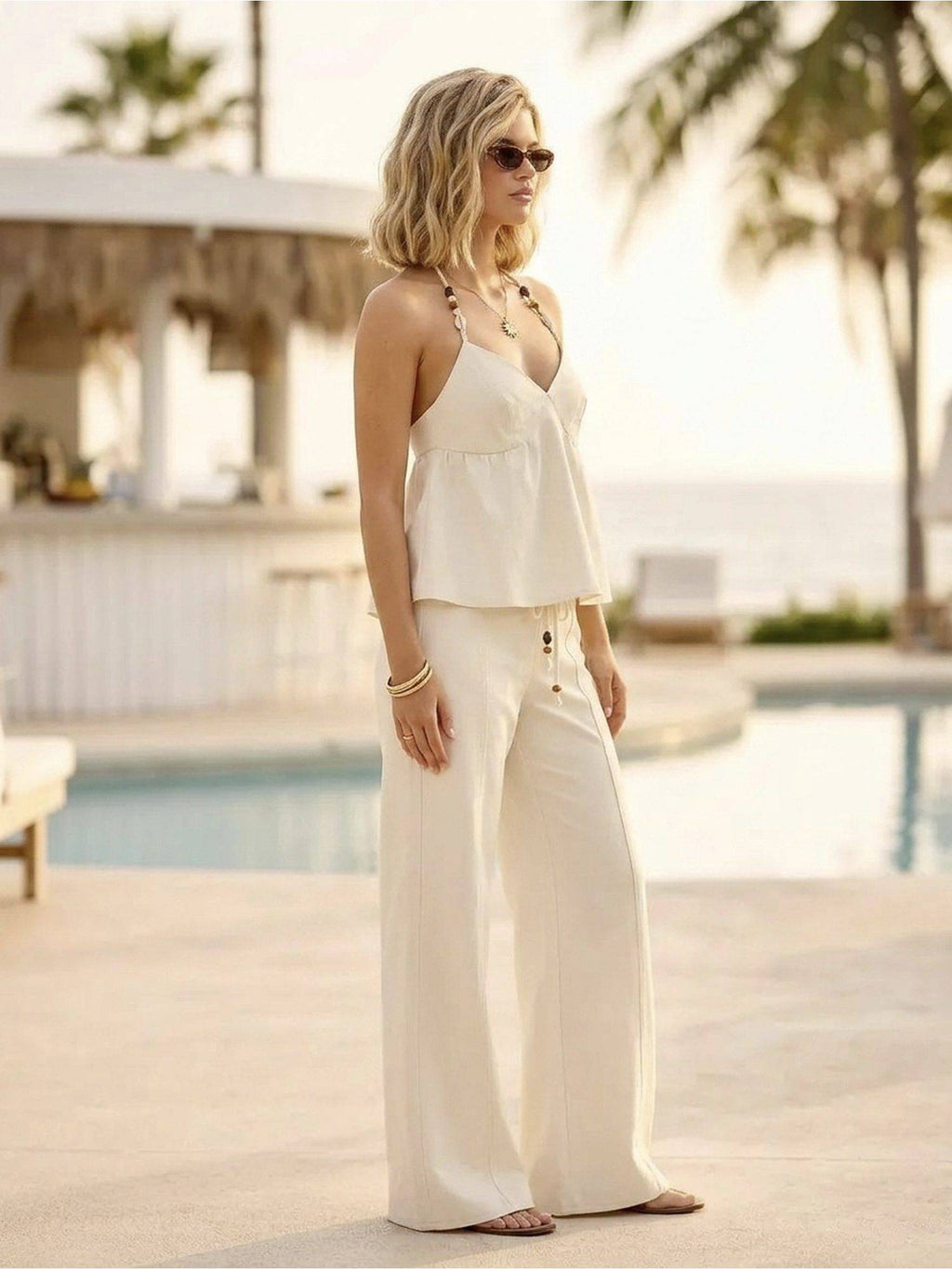 Beaded Women's Halter Neck Oversized Cami Top Beige | TT98 - view 9