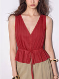 100% Cotton Women V-Neck Drawstring Peplum Blouse Red | pt51 - view 1