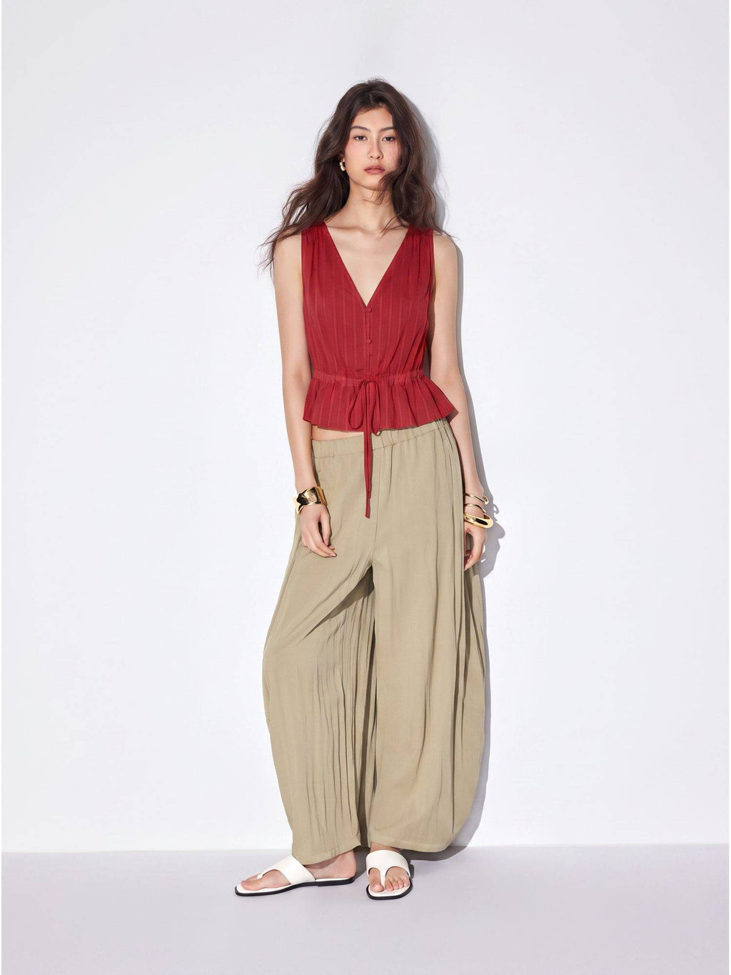 100% Cotton Women V-Neck Drawstring Peplum Blouse Red | pt51 - view 4