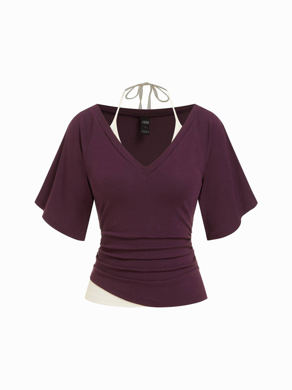 Ruched Women's V-Neck Halter Neck Top Purple | HT67 - view 1