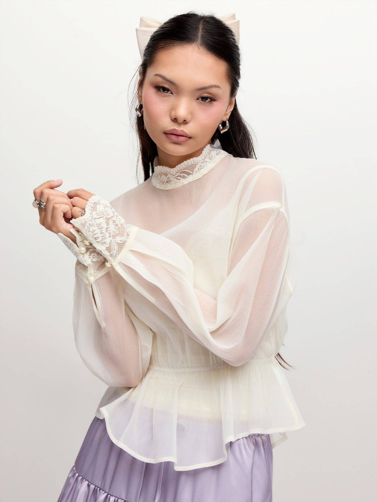 Chiffon Women's Lace Panel Stand Collar Blouse Cream | S67 - view 1