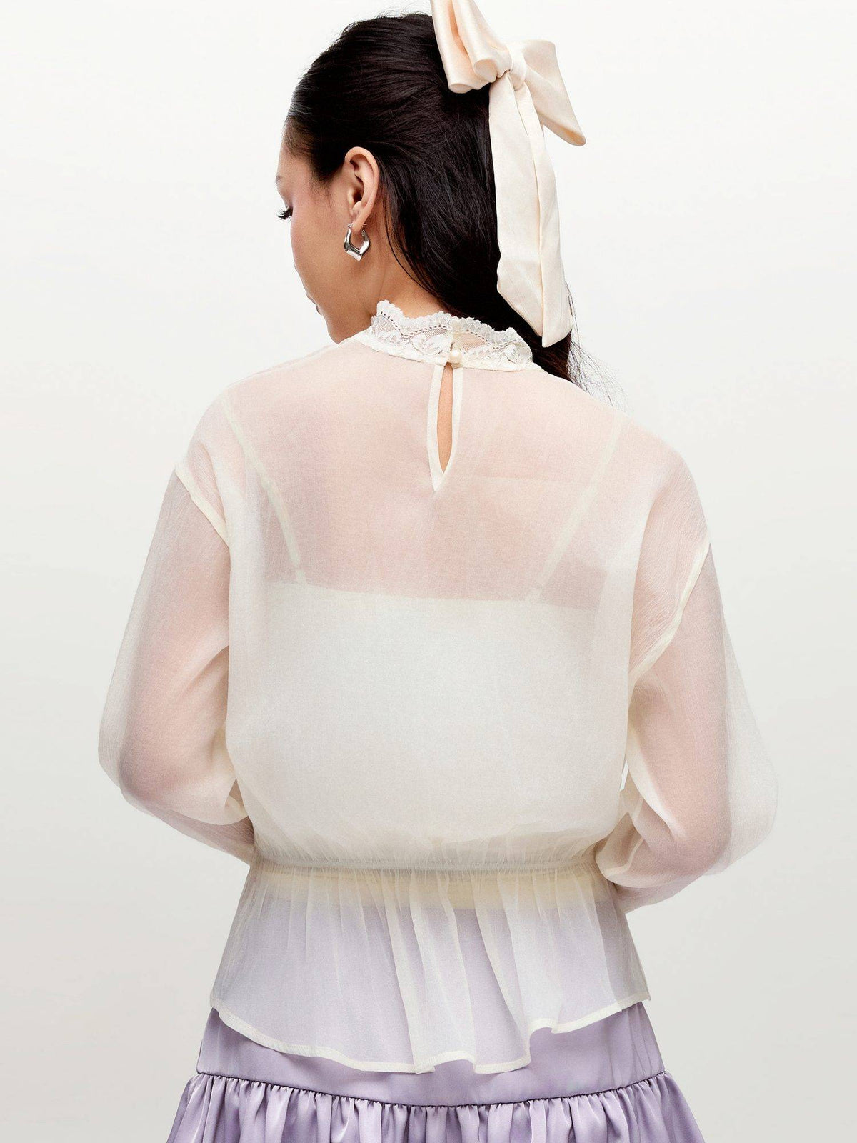 Chiffon Women's Lace Panel Stand Collar Blouse Cream | S67 - view 2
