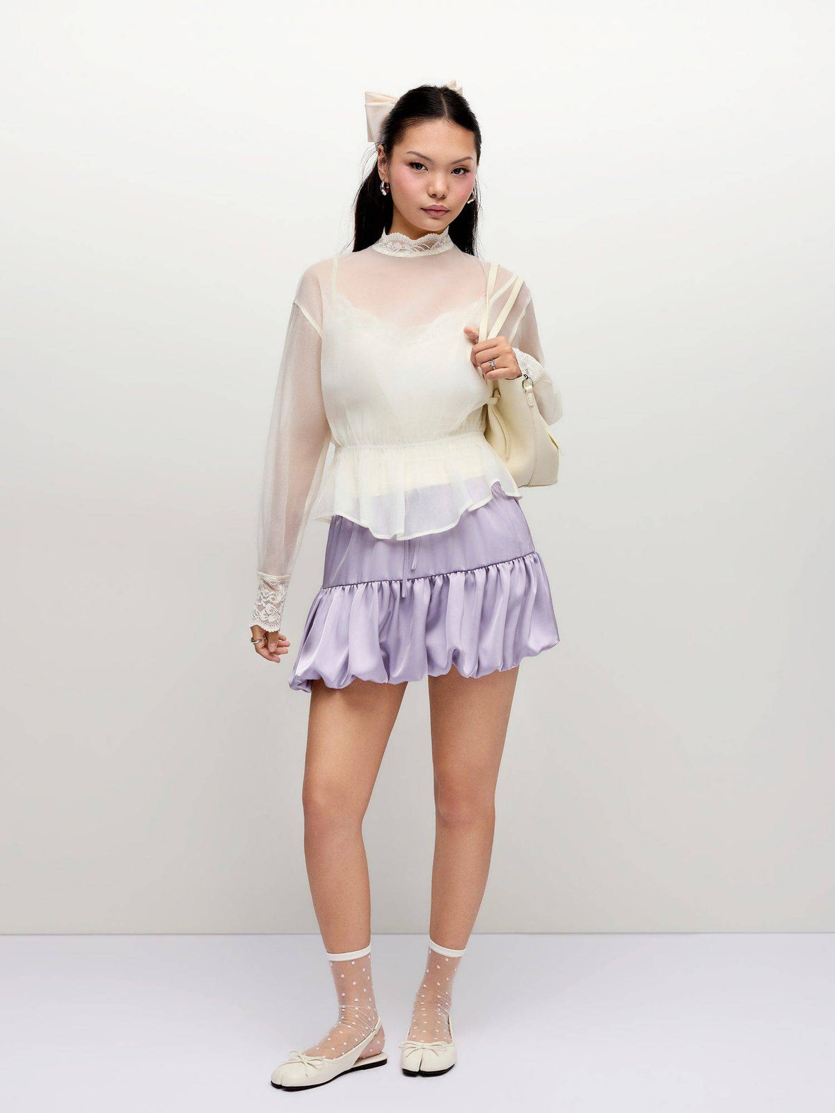 Chiffon Women's Lace Panel Stand Collar Blouse Cream | S67 - view 4