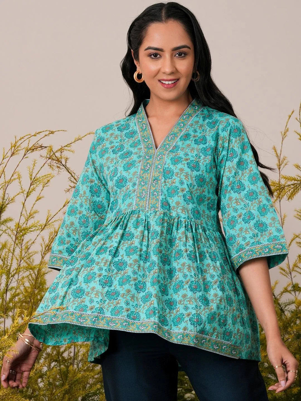 Libas Turquoise Printed Cotton A-Line Kurti P23