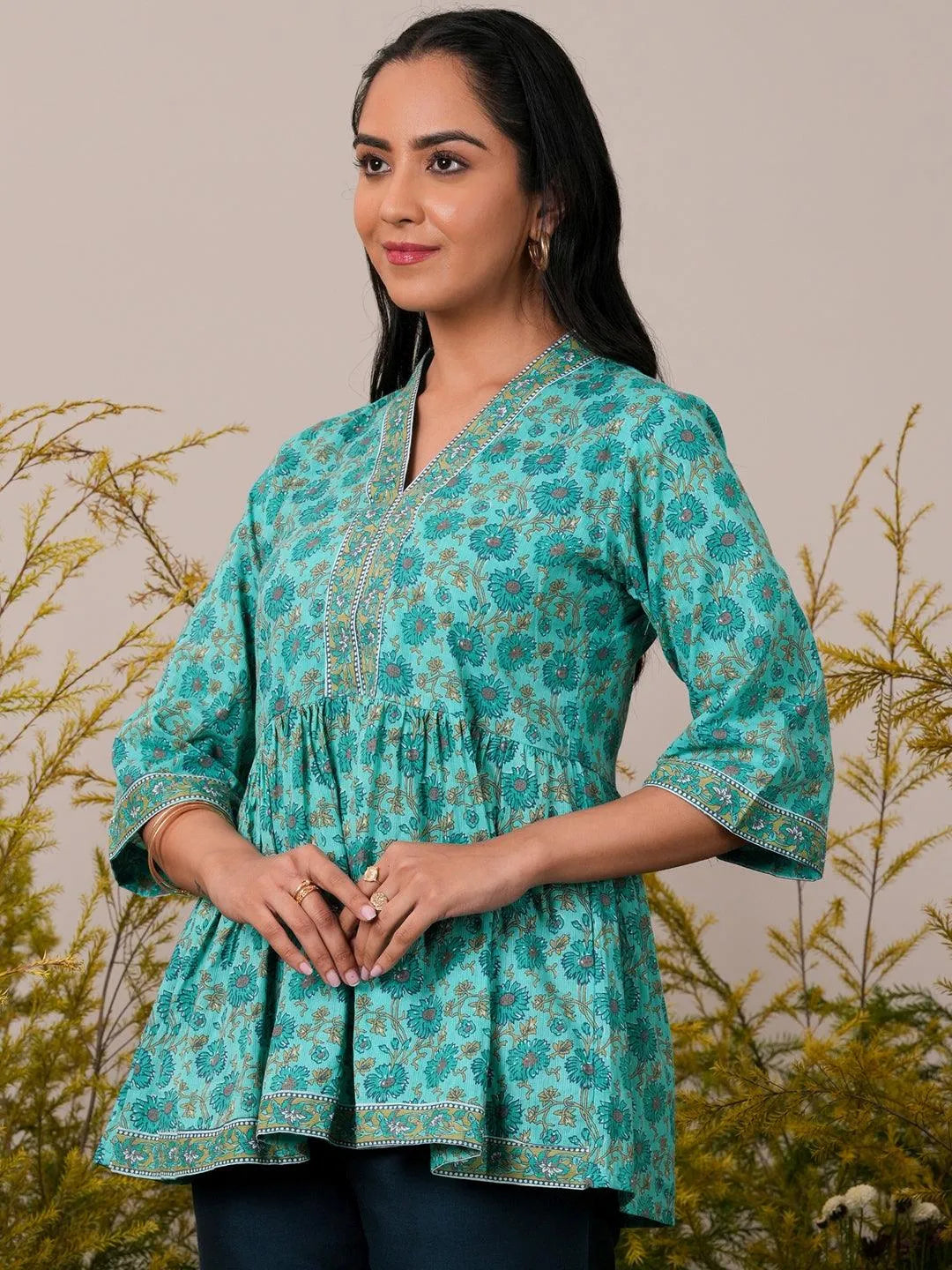 Libas Turquoise Printed Cotton A-Line Kurti P23