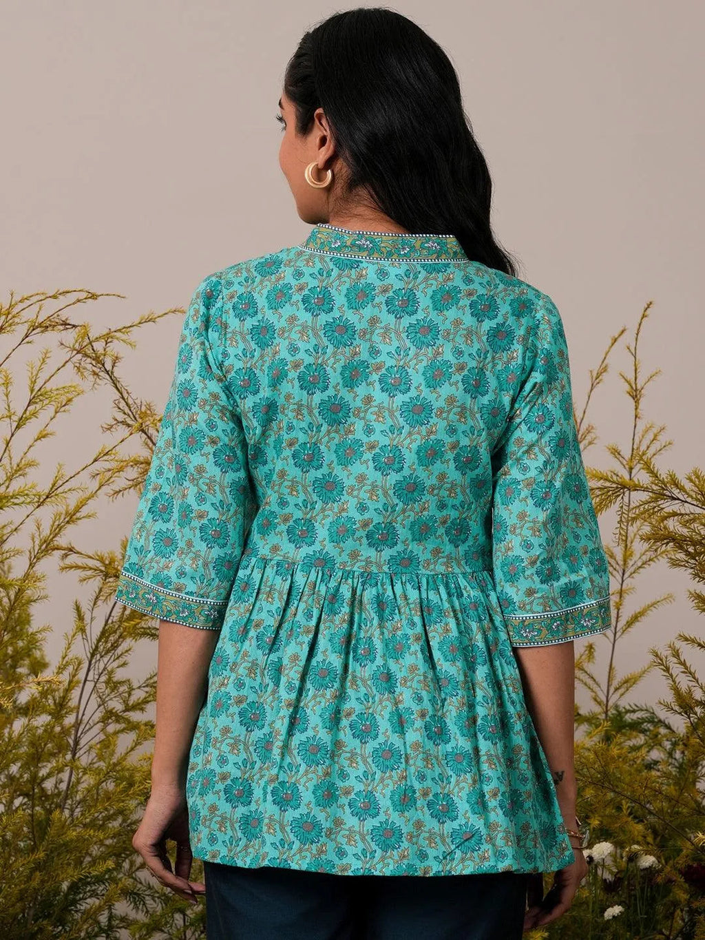 Libas Turquoise Printed Cotton A-Line Kurti P23