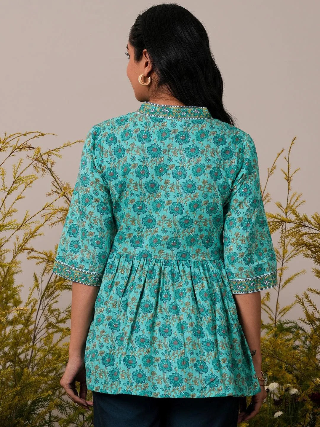 Libas Turquoise Printed Cotton A-Line Kurti P23