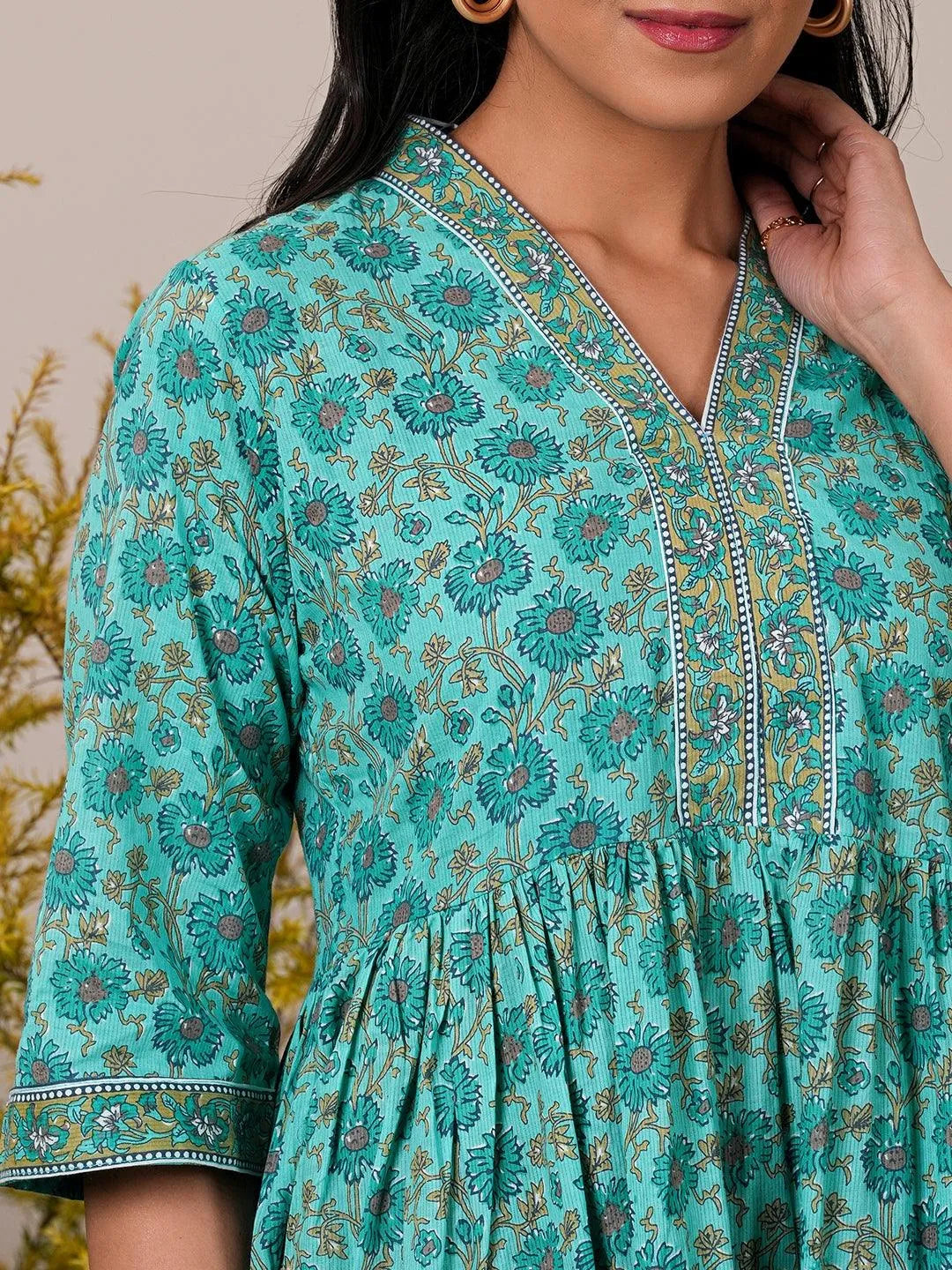 Libas Turquoise Printed Cotton A-Line Kurti P23