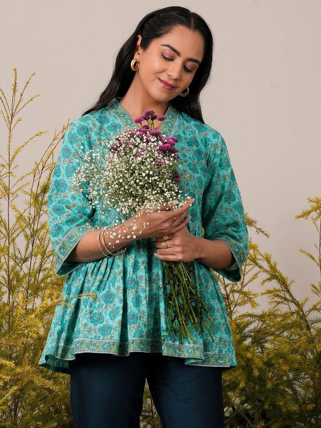 Libas Turquoise Printed Cotton A-Line Kurti P23